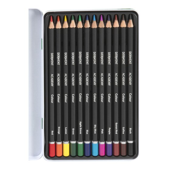 Open Derwent Academy tin with 12 black hexagonal colour pencils, each showing its colour at the end