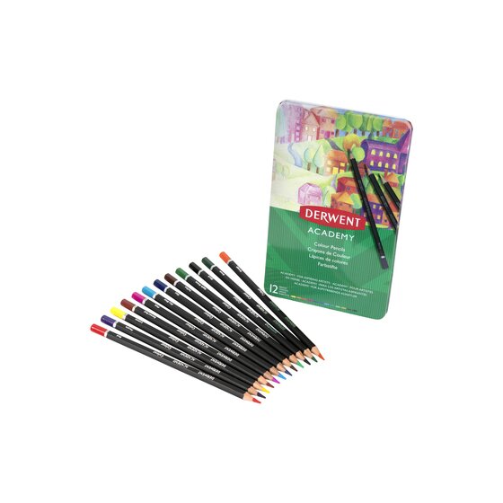 Derwent Academy colour pencil tin with a fan of 12 black pencils showing their coloured tips