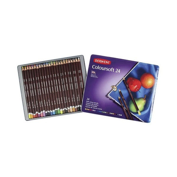 Open Derwent Coloursoft 24 tin showing a row of pencils with coloured ends, beside the printed lid