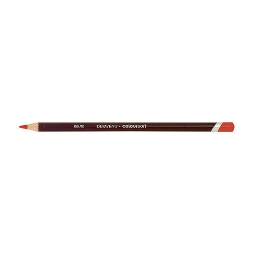 Derwent Coloursoft Pencil Blood Orange, a single sharpened pencil lying flat with a dark burgundy barrel, gold DERWENT Coloursoft lettering, a white band and a Blood Orange end cap and point.