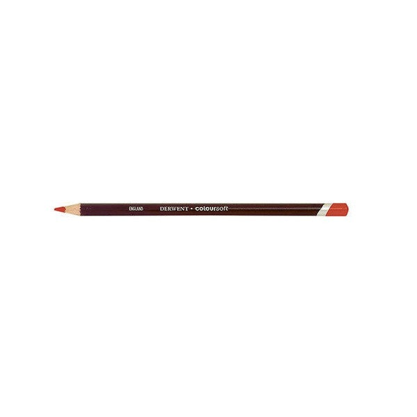 Smaller side view of the Derwent Coloursoft Pencil Blood Orange on a white background, showing the Blood Orange point, the gold barrel lettering and the Blood Orange end.