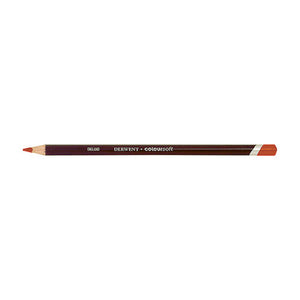 Derwent Coloursoft Pencil Bright Orange, a single sharpened pencil lying flat with a dark burgundy barrel, gold DERWENT Coloursoft lettering, a white band and a Bright Orange end cap and point.