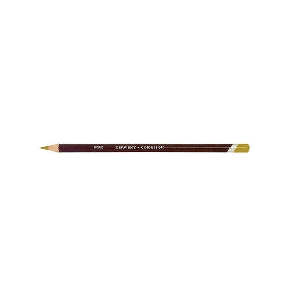 Smaller side view of the Derwent Coloursoft Pencil Deep Cadmium on a white background, showing the Deep Cadmium point, the gold barrel lettering and the Deep Cadmium end.