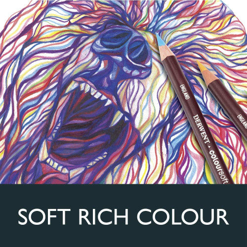 Derwent Coloursoft Pencil Iced Blue Box of 6. Derwent Coloursoft Iced Blue pencil swatched on white paper showing colour laydown.