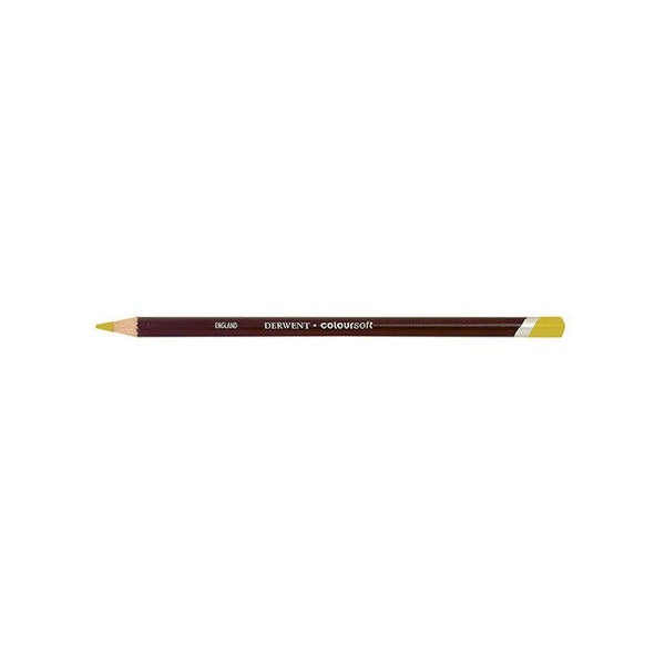 Smaller side view of the Derwent Coloursoft Pencil Lemon Yellow on a white background, showing the Lemon Yellow point, the gold barrel lettering and the Lemon Yellow end.