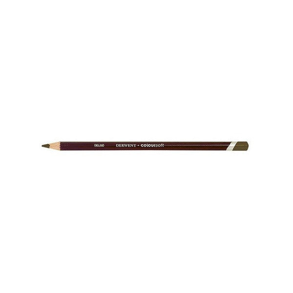 Smaller side view of the Derwent Coloursoft Pencil Lichen Green on a white background, showing the Lichen Green point, the gold barrel lettering and the Lichen Green end.