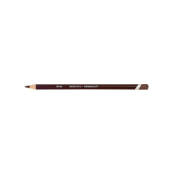 Smaller side view of the Derwent Coloursoft Pencil Mid Brown on a white background, showing the sharpened point, the maroon barrel and the light band below the Mid Brown end cap.