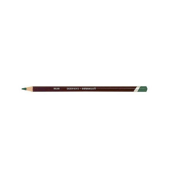 Smaller side view of the Derwent Coloursoft Pencil Mid Green on a white background, showing the sharpened point, the maroon barrel and the light band below the Mid Green end cap.