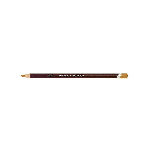 Smaller side view of the Derwent Coloursoft Pencil Ochre on a white background, showing the sharpened point, the maroon barrel and the light band below the Ochre end cap.