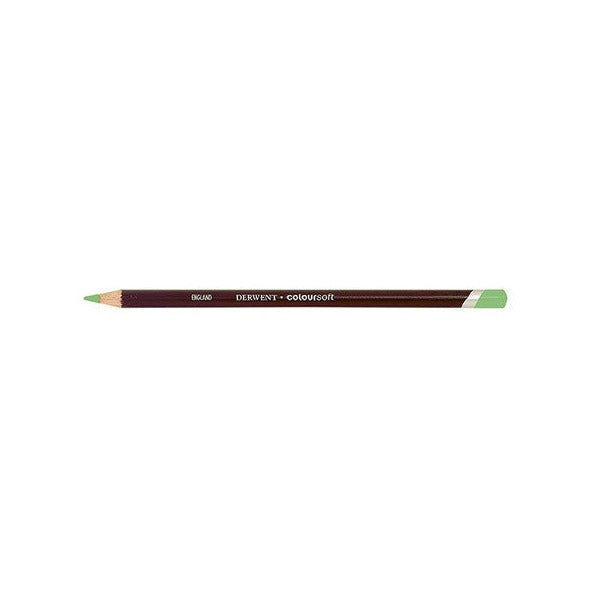 Derwent Coloursoft Pencil Pale Mint Box of 6. Close-up of Derwent Coloursoft Pale Mint pencil tip showing soft colour strip.
