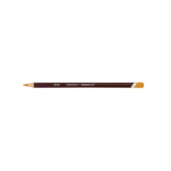 Smaller side view of the Derwent Coloursoft Pencil Pale Orange on a white background, showing the sharpened point, the maroon barrel and the light band below the Pale Orange end cap.