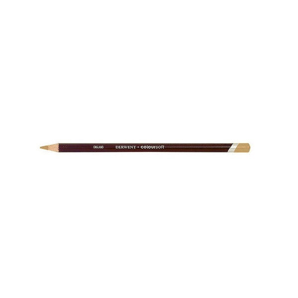 Smaller side view of the Derwent Coloursoft Pencil Peach on a white background, showing the sharpened point, the maroon barrel and the light band below the Peach end cap.