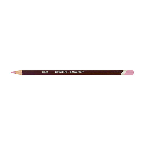 Derwent Coloursoft Pencil Pink Lavender, a single sharpened pencil lying flat with the point to the left, a dark maroon barrel with DERWENT Coloursoft lettering and a Pink Lavender end cap.