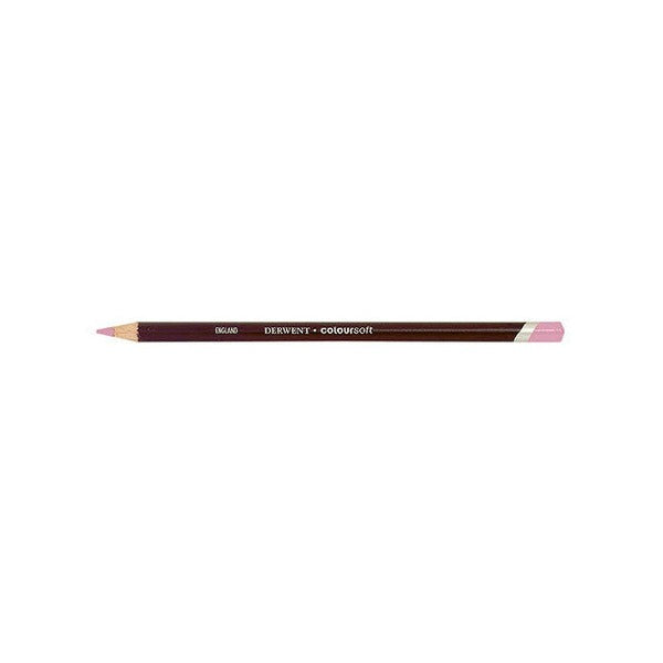 Smaller side view of the Derwent Coloursoft Pencil Pink Lavender on a white background, showing the sharpened point, the maroon barrel and the light band below the Pink Lavender end cap.