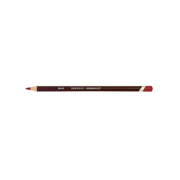 Smaller view of the Derwent Coloursoft Scarlet pencil on white, showing the full barrel from the sharpened point to the colour-dipped end