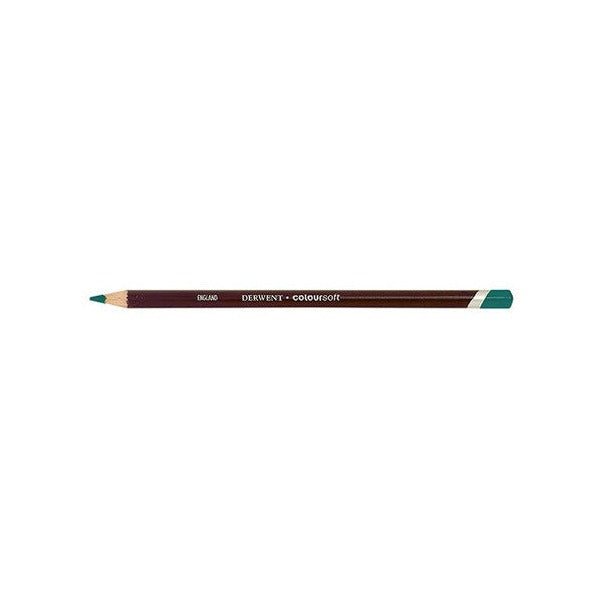 Smaller view of the Derwent Coloursoft Sea Green pencil on white, showing the full barrel from the sharpened point to the colour-dipped end