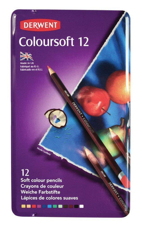 Derwent Coloursoft Pencils Assorted Tin of 12 Box of 6. Derwent Coloursoft assorted pencils in a tin of 12, front view of closed tin.