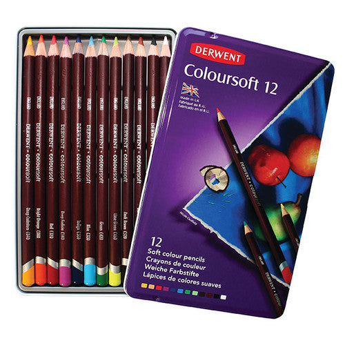 Derwent Coloursoft Pencils Assorted Tin of 12 Box of 6. Open tin of 12 Derwent Coloursoft pencils showing assorted colour selection.