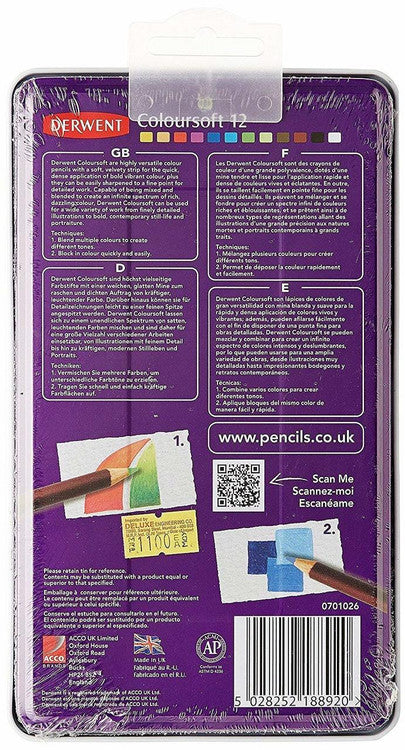 Derwent Coloursoft Pencils Assorted Tin of 12 Box of 6. Close-up of Derwent Coloursoft pencil tips showing vibrant colour range.
