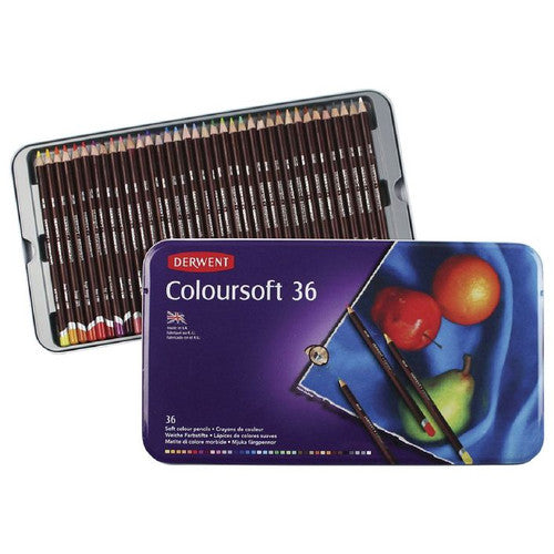 Derwent Coloursoft Pencils Assorted Tin of 36. Derwent Coloursoft 36 pencil tin open, showing full assortment of colours arranged inside.