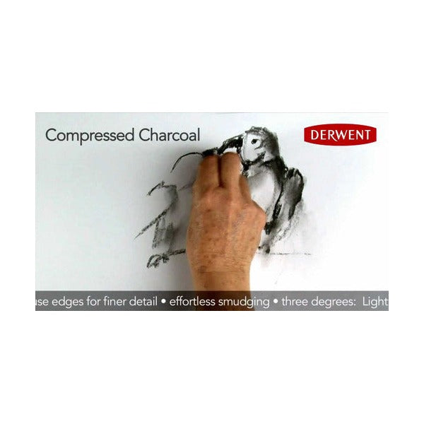 Derwent Compressed Charcoal video still showing a hand smudging a charcoal drawing, with the red Derwent logo and caption text