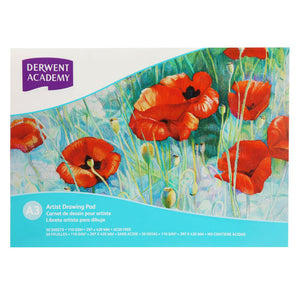 Derwent Academy Drawing Pad A3 Landscape 50 Sheets Pack of 5. Derwent Academy A3 landscape drawing pad showing front cover with 50 sheet count.