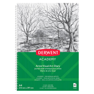 Derwent Academy Drawing Pad A4 Portrait 80 Pages. Derwent Academy A4 Portrait Drawing Pad front cover view showing 80 pages spiral bound.