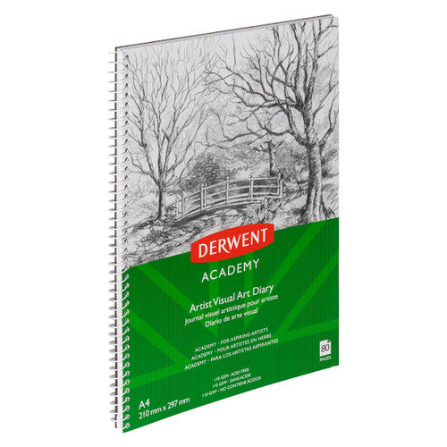 Derwent Academy Drawing Pad A4 Portrait 80 Pages. Close-up of spiral binding and 350 gsm printed board cover on Derwent Academy drawing pad.