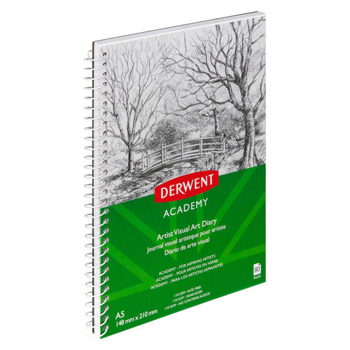 Derwent Academy Drawing Pad A5 Portrait 80 Pages Box of 5. Open Derwent Academy Drawing Pad showing 110gsm acid-free cartridge paper pages.