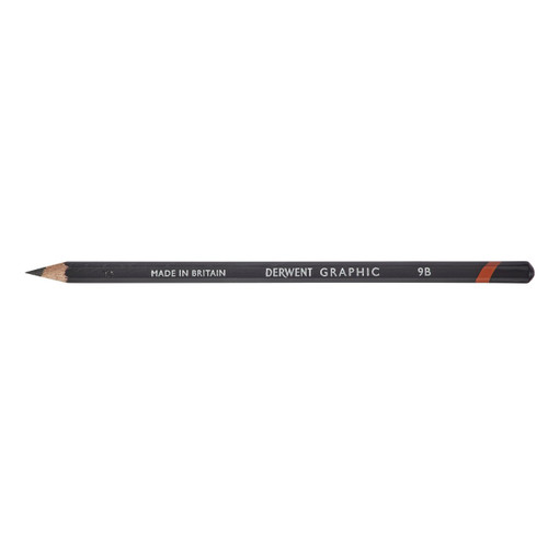 Single Derwent Graphic pencil in degree 9B lying horizontally on white, black barrel marked Made in Britain, Derwent Graphic and 9B with an orange end.