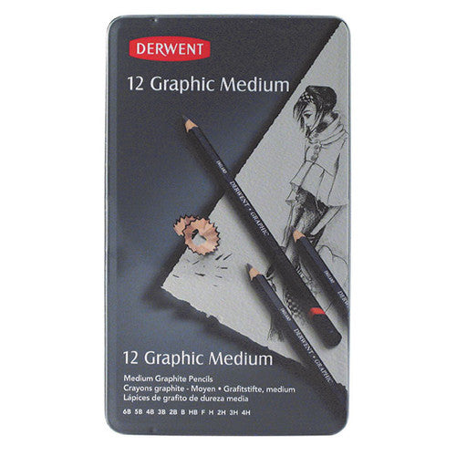Derwent Graphic Pencil Designer Set Medium Grades 6B to 4H Tin of 12. Derwent Graphic Pencil Designer Set tin of 12 medium grades 6B to 4H closed lid view.