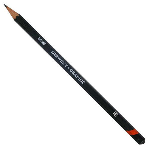 Derwent Academy Graphic Pencil Tin of 6 Includes Sharpener Box of 6. Overhead view of Derwent Graphic pencil tin lid with branding visible.
