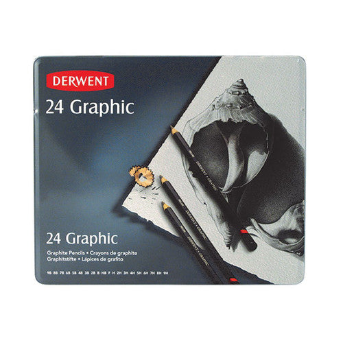 Derwent Graphic Pencils All Grades 9B to 9H Tin of 24. Derwent Graphic Pencil Tin of 24 showing full grade range from 9B to 9H.