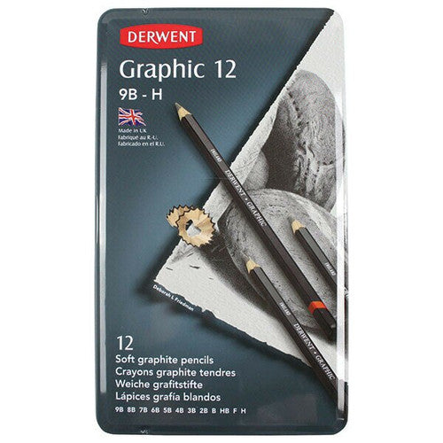 Derwent Academy Graphic Pencils Sketching Set Soft Grades 9B-H Tin 12. Derwent Academy Graphic Pencil Sketching Set tin of 12 soft grades.