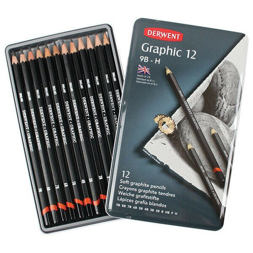 Derwent Academy Graphic Pencils Sketching Set Soft Grades 9B-H Tin 12. Close-up of Derwent Graphic pencils ranging from 9B to H grade.