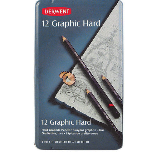 Derwent Graphic Pencils Technical Set Hard Grades B-9H Tin 12. Derwent Graphic Technical Set of 12 graphite pencils in a tin, grades B to 9H.