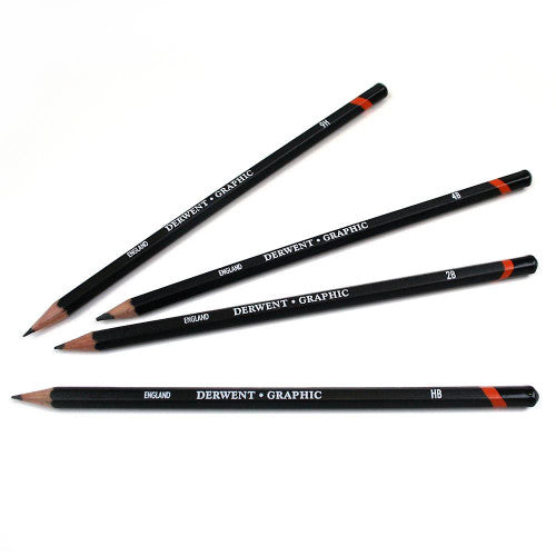 Derwent Graphic Pencils Technical Set Hard Grades B-9H Tin 12. Close-up of Derwent Graphic pencil tips showing fine sharpened points.
