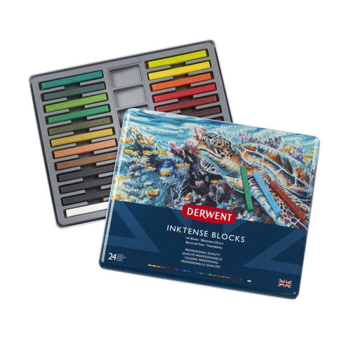 Derwent Inktense Blocks Assorted Tin of 24 Box of 3. Close-up of Derwent Inktense Block square profile showing chunky format.