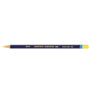 Derwent Inktense Pencil in Cadmium Yellow on white: navy barrel printed DERWENT INKTENSE and Cadmium Yellow 0210, with the end cap and sharpened point in the pencil colour