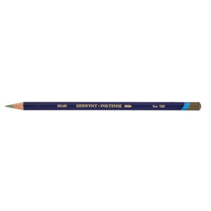 Single Derwent Inktense pencil in Fern, colour 1560, lying flat on a white background with a dark blue barrel, gold DERWENT INKTENSE lettering and the colour name printed near the end