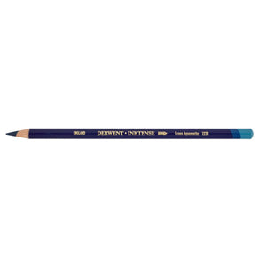 Single Derwent Inktense pencil in Green Aquamarine, colour 1220, lying flat on a white background with a dark blue barrel, gold DERWENT INKTENSE lettering and the colour name printed near the end