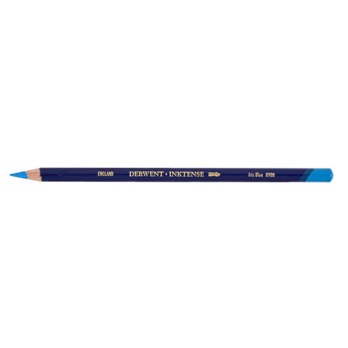 Derwent Inktense Pencil Iris Blue Box of 6. Derwent Inktense Iris Blue pencils box of 6 showing round barrels with colour dip ends.