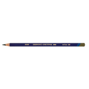 Single Derwent Inktense pencil in Leaf Green, colour 1600, lying flat on a white background with a dark blue barrel, gold DERWENT INKTENSE lettering and the colour name printed near the end