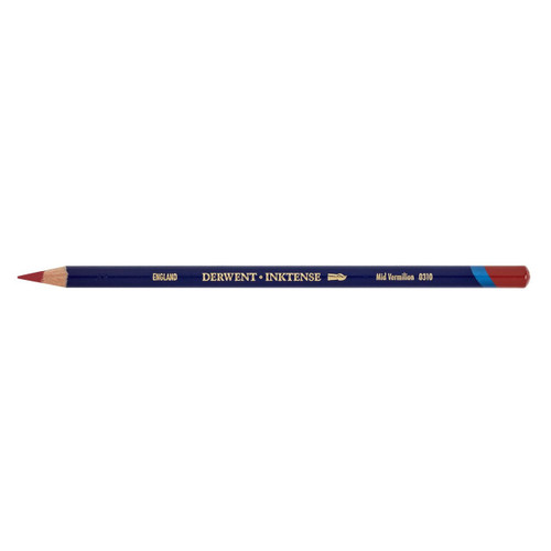 Derwent Inktense Pencil Mid Vermilion Box of 6. Derwent Inktense Mid Vermilion pencils, box of 6, ink blue barrel with metallic trim.
