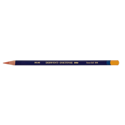 Derwent Inktense Pencil Sienna Gold Box of 6. Derwent Inktense Sienna Gold 0240 pencils, box of 6, front view.