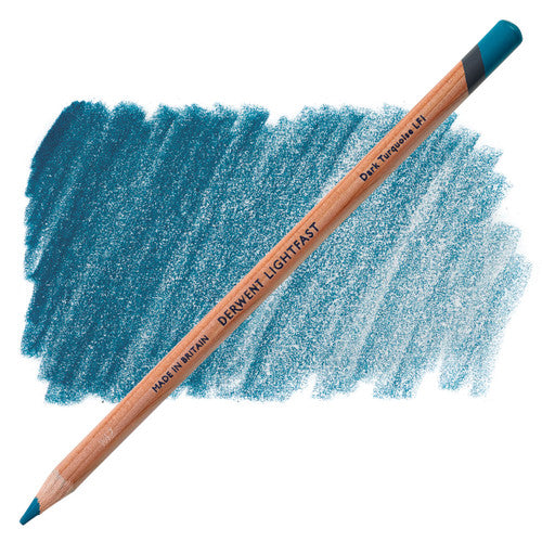 Derwent Lightfast Dark Turquoise oil-based coloured pencils, pack of 6, shown in a row displaying the dark turquoise pigment