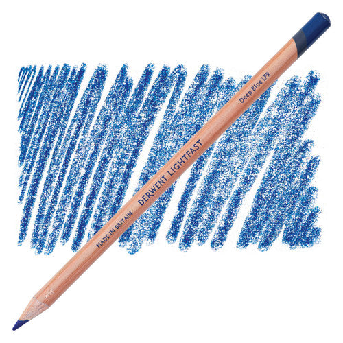 Derwent Lightfast Deep Blue oil-based coloured pencils, pack of 6, showing pencil tips and barrel colour