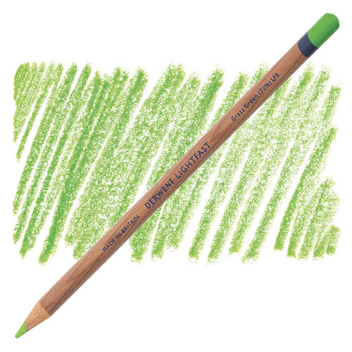 Derwent Lightfast oil-based coloured pencils in Grass Green 70%, pack of 6, showing pencil barrels with colour swatch