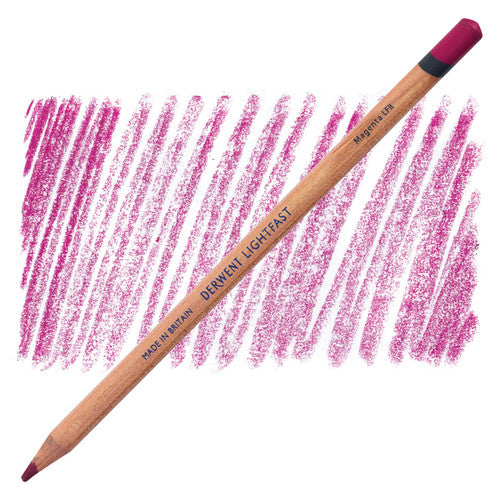 Derwent Lightfast Magenta oil-based coloured pencils, pack of 6, showing pencil tips and barrel colour