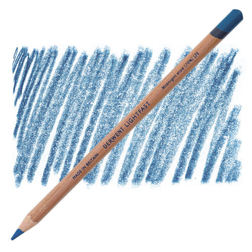 Derwent Lightfast Midnight Blue 70% oil-based coloured pencils, pack of 6, standing upright showing pencil tips and label